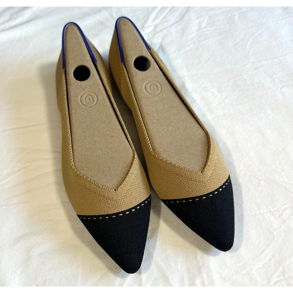 Rothy’s The Point II Camel Captoe Black Blue Colorblock Knit Slip On Flats Sz 8